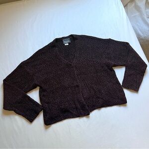 EILEEN FISHER dark plum purple chenille knit lagenlook boxy one button cardigan